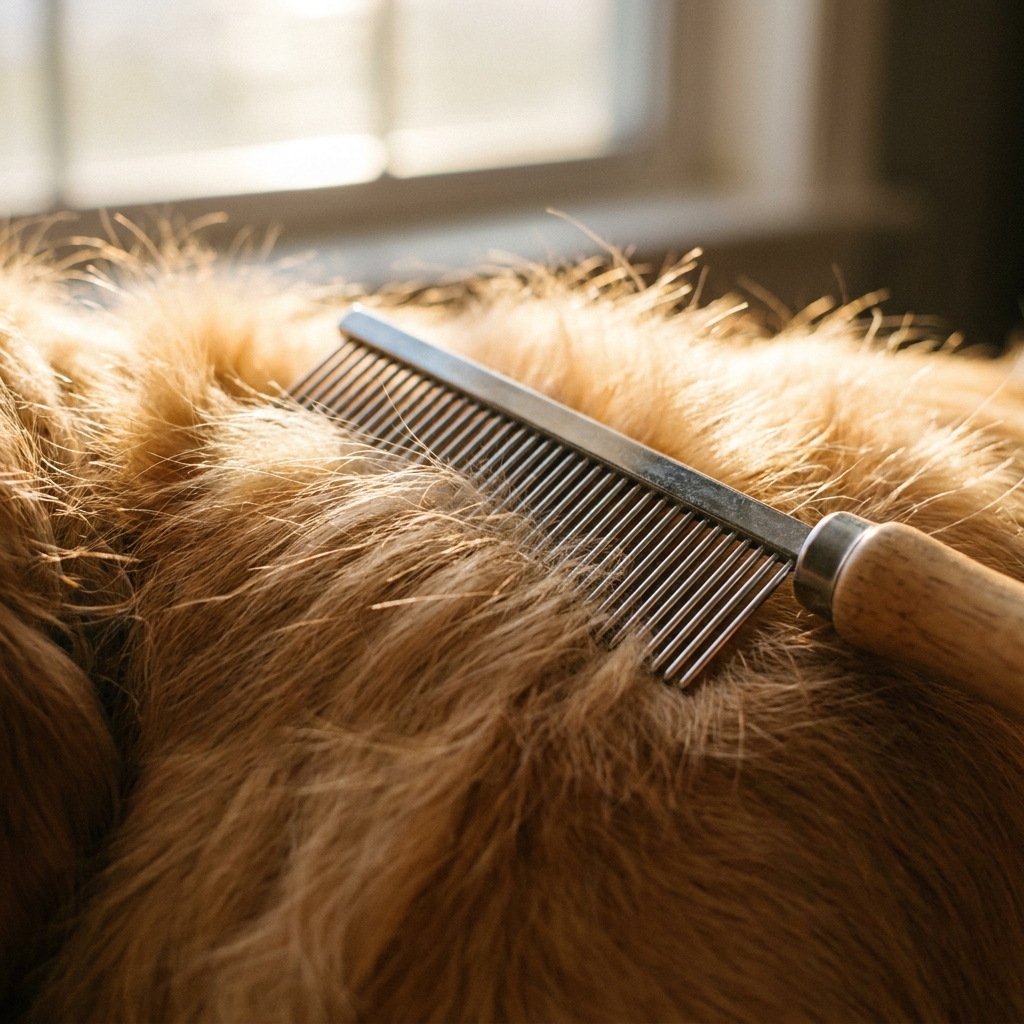 Grooming comb resting on brushed fur