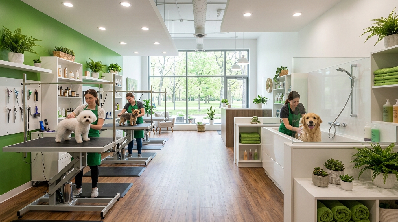 Sanitized grooming salon stations with certified groomers