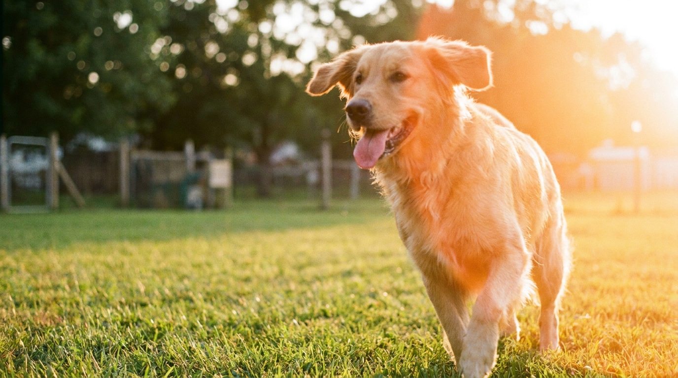 Happy golden retriever in a sunny play yard at golden hour